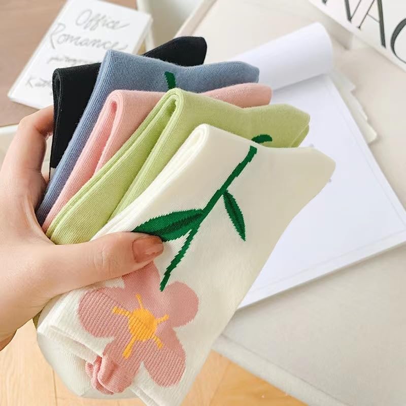 MarJunSep Cute Floral Crew Socks for Women Teen Girls Flower Cottagecore Frilly Vintage Fancy Cotton Socks - Image 4